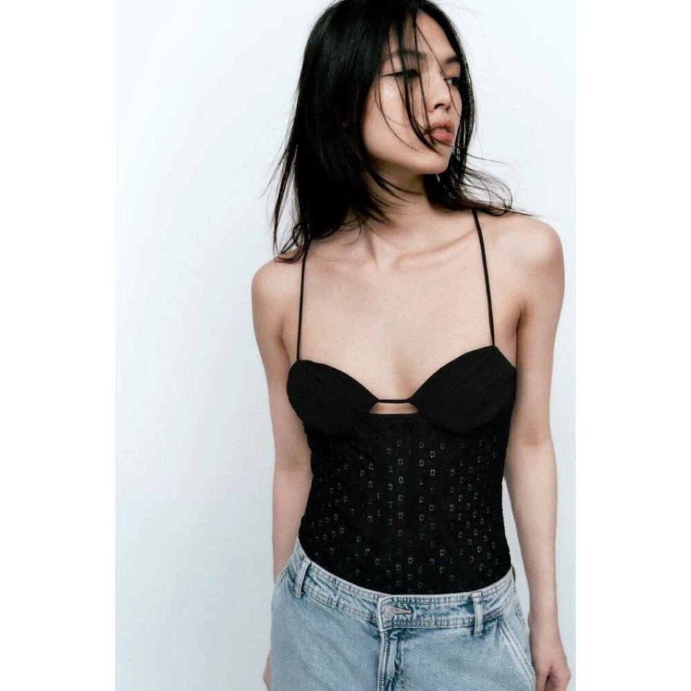 NWOT Zara black matching lace-like accented corsetry-inspired bodysuit, S